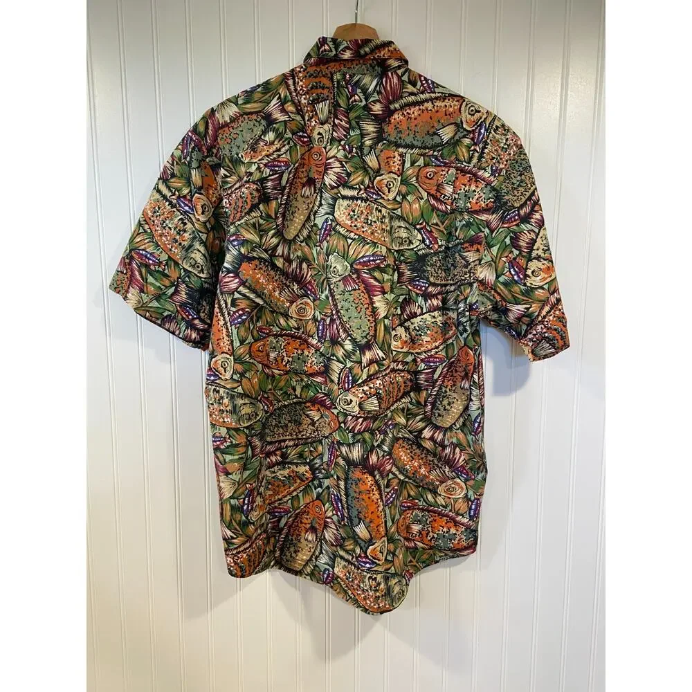 Vintage Banana Republic Shirt Mens Medium Fish Print Safari Travel Button Up 90s